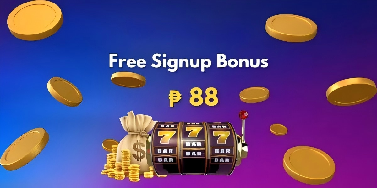 Slot machine welcome pack banner with neon reel motifs